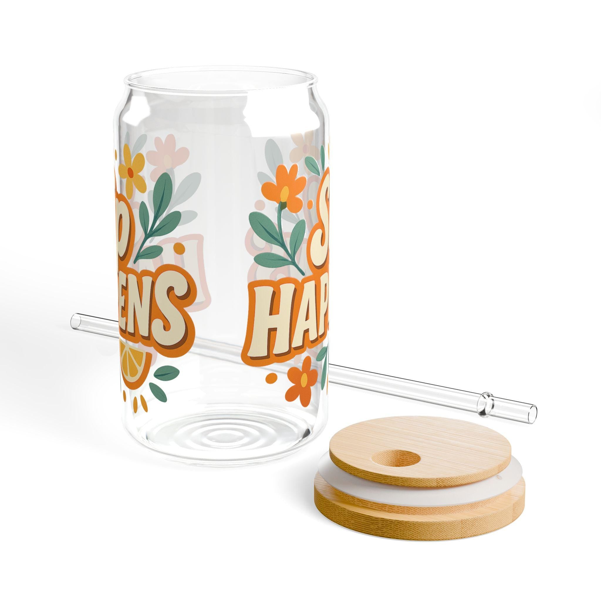 Sip Happens Glass Cup: Floral Iced Coffee Mug with Bamboo Lid & Straw
