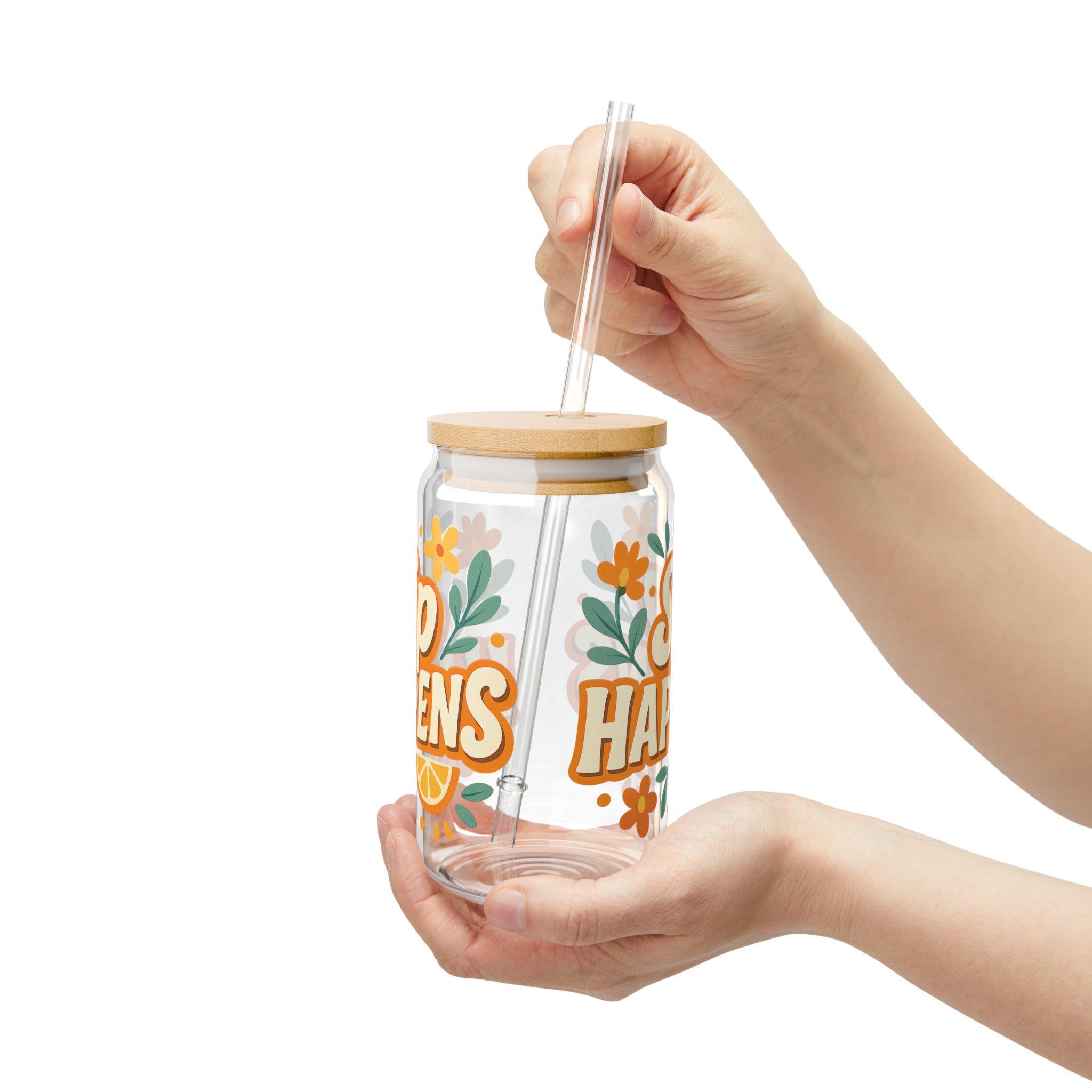 Sip Happens Glass Cup: Floral Iced Coffee Mug with Bamboo Lid & Straw