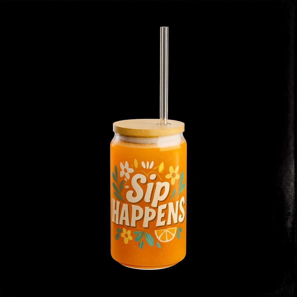 Sip Happens Glass Cup: Floral Iced Coffee Mug with Bamboo Lid & Straw