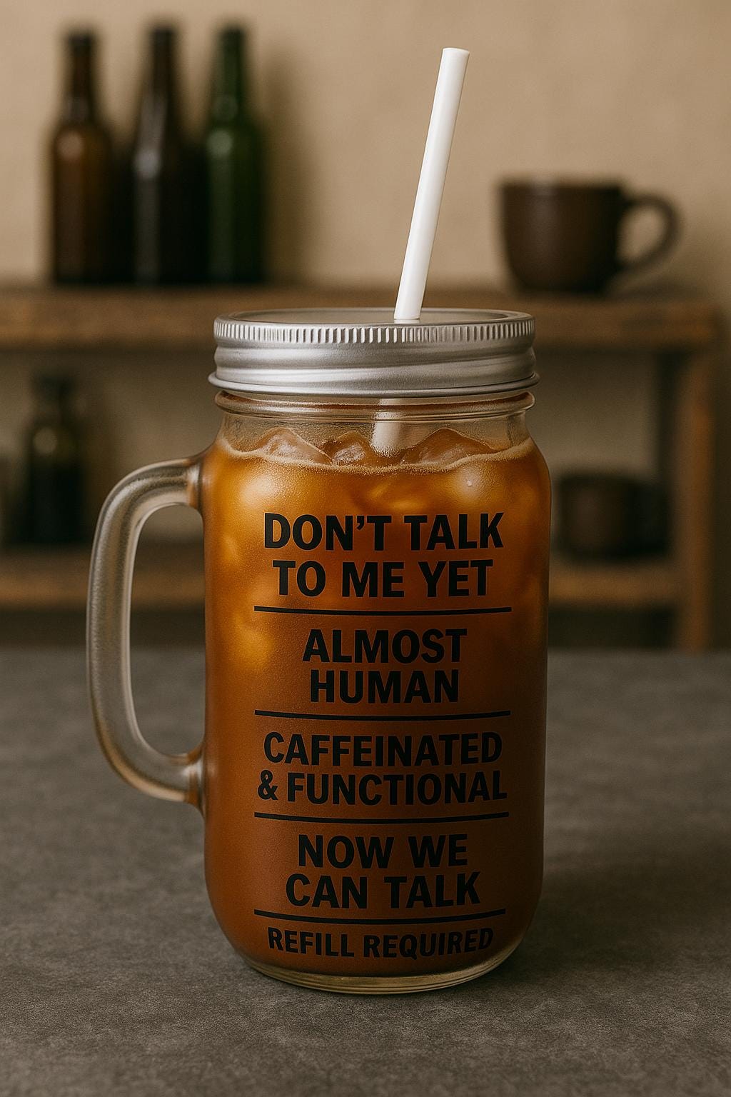 Funny Iced Coffee Mason Jar: 16oz Cold Brew Glass with Lid & Straw