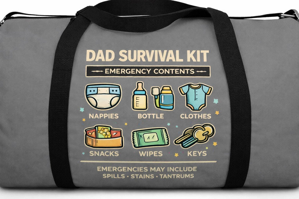 Dad Survival Kit Duffel Bag | Funny Diaper Bag, Emergency Contents