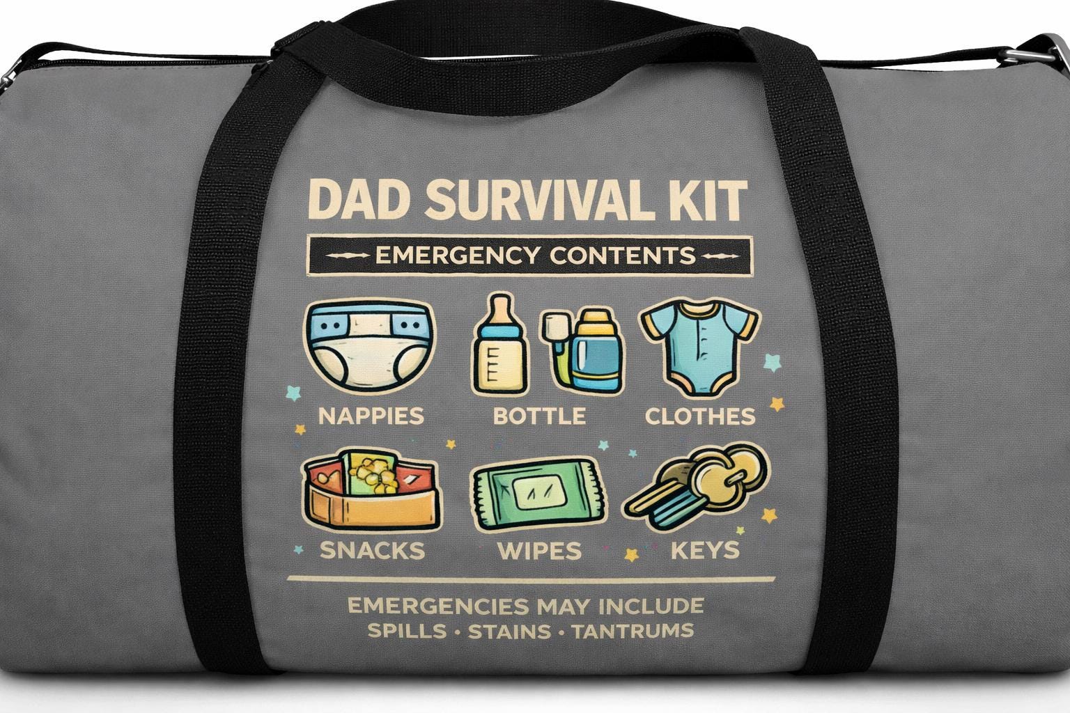 Dad Survival Kit Duffel Bag | Funny Diaper Bag, Emergency Contents