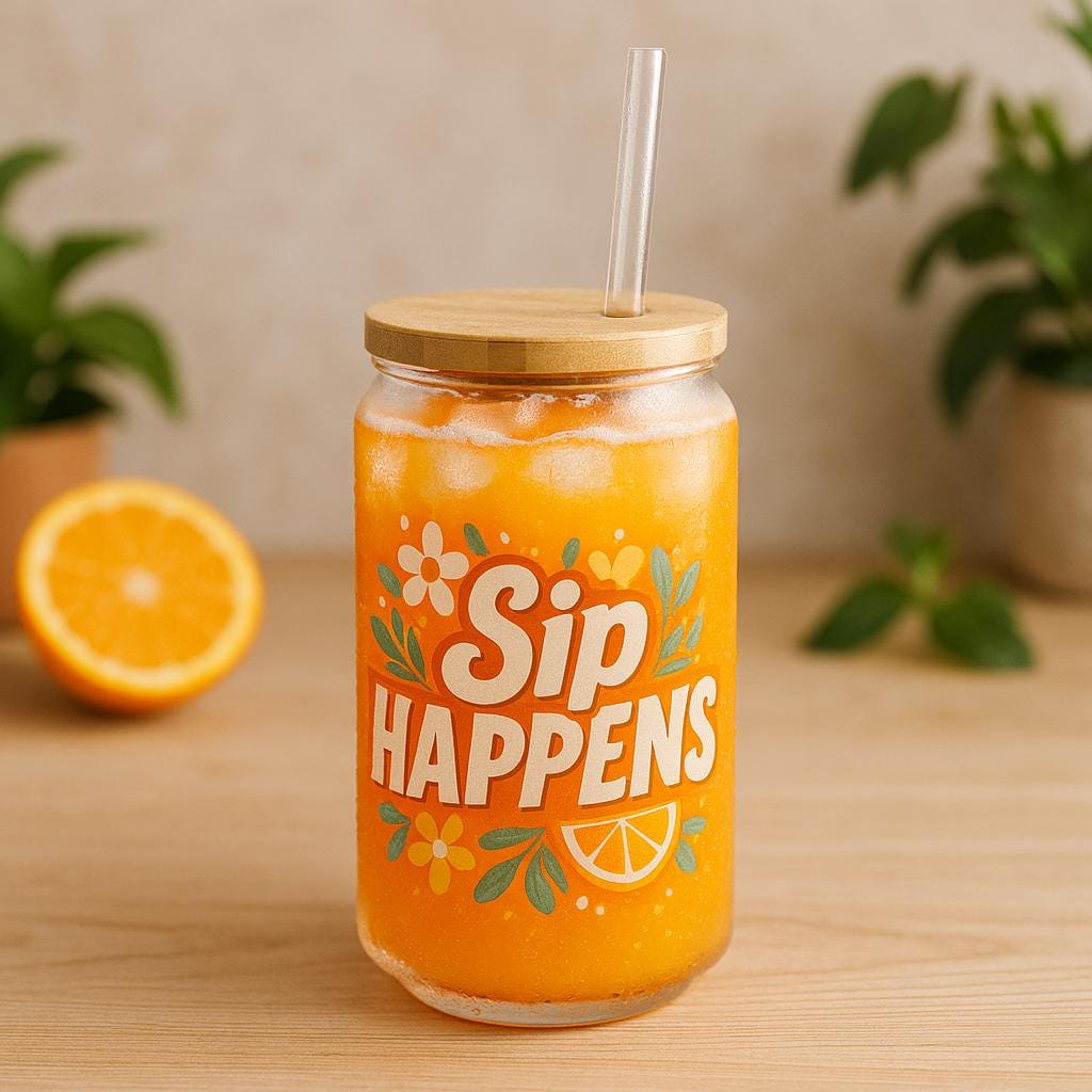Sip Happens Glass Cup: Floral Iced Coffee Mug with Bamboo Lid & Straw
