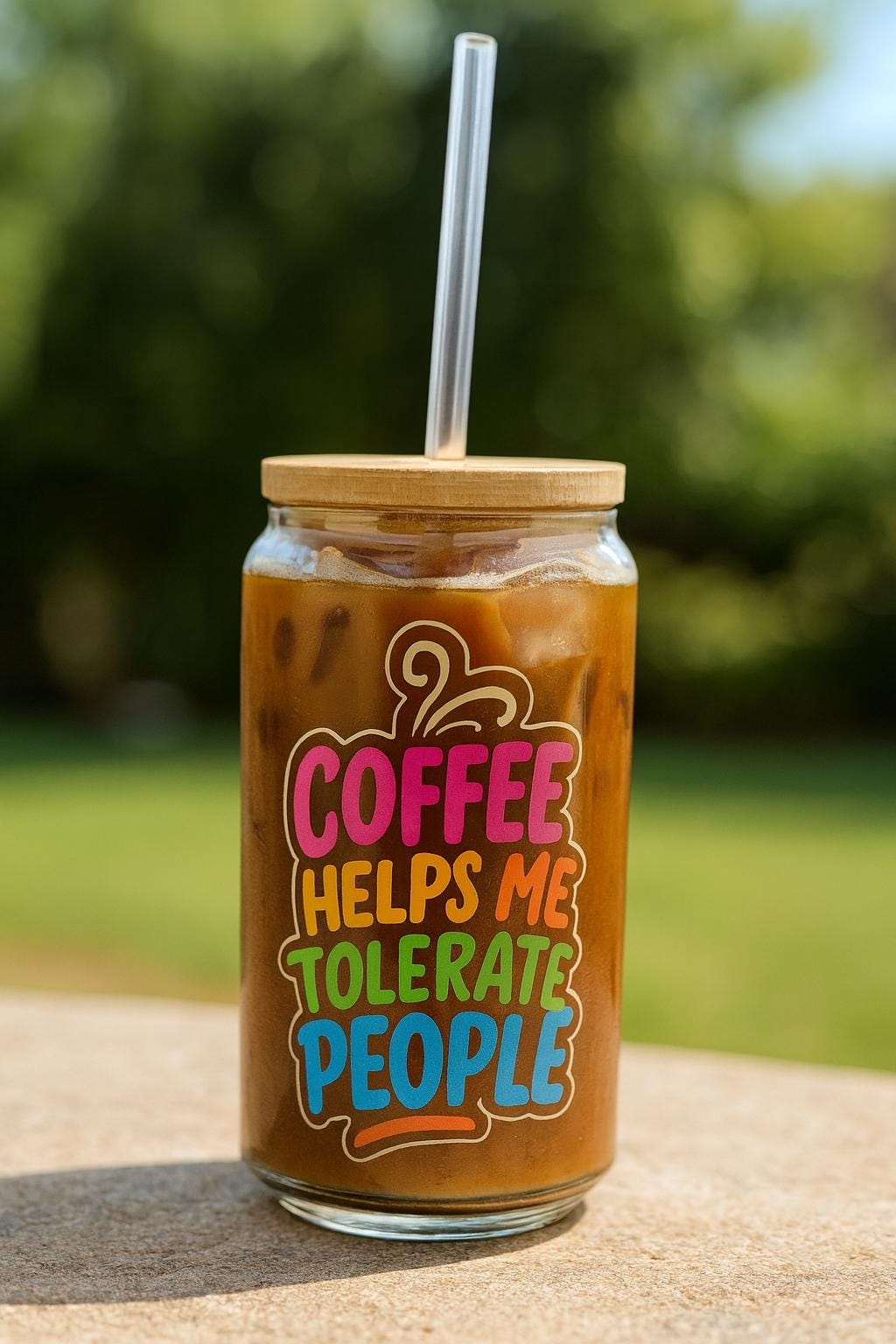 Funny Coffee Glass: Iced Coffee Cup with Lid & Straw