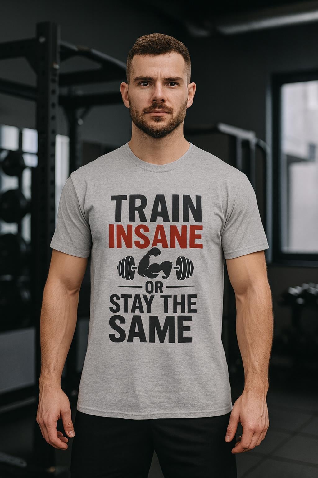 Train Insane Motivational Gym T-Shirt: Distressed Barbell Design