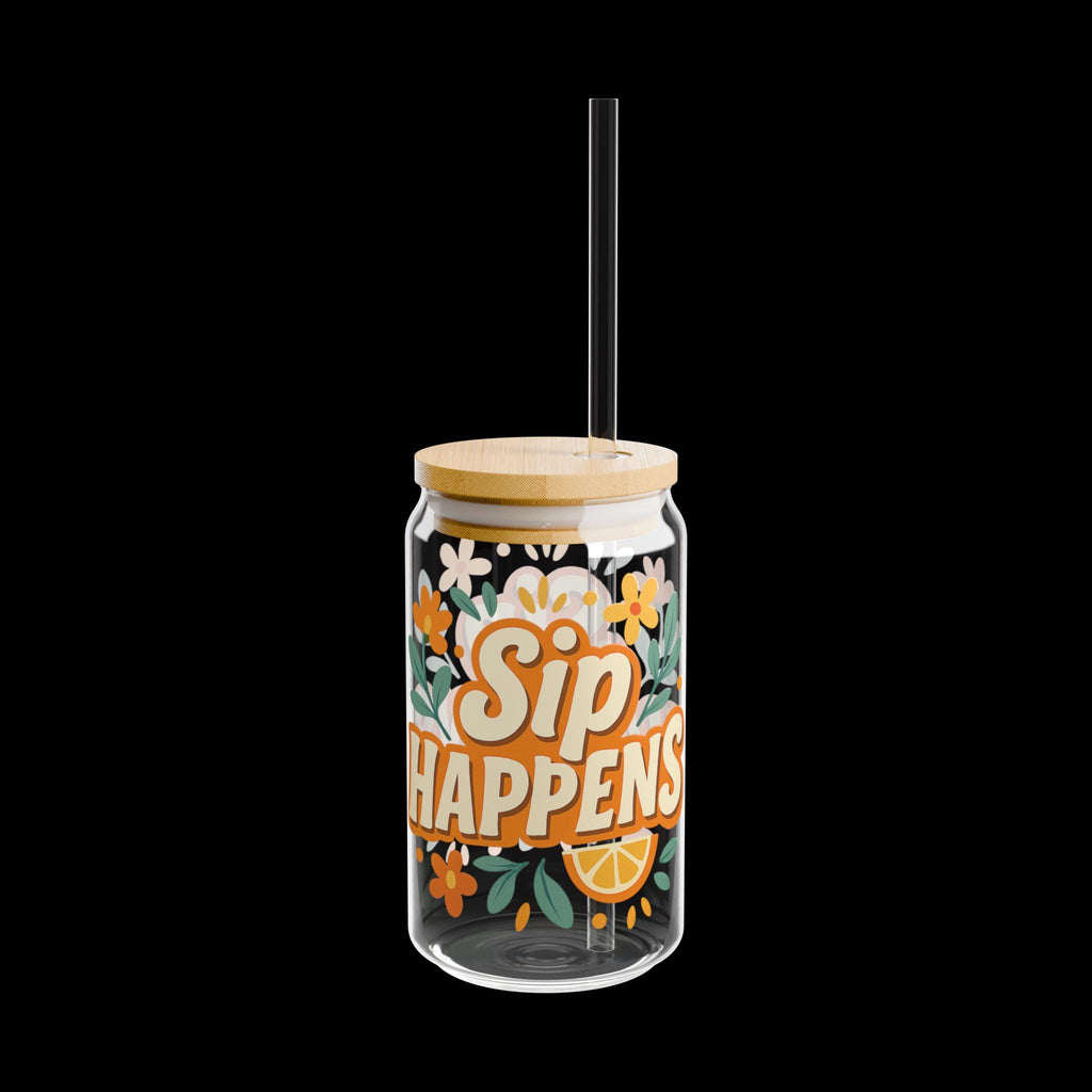 Sip Happens Glass Cup: Floral Iced Coffee Mug with Bamboo Lid & Straw