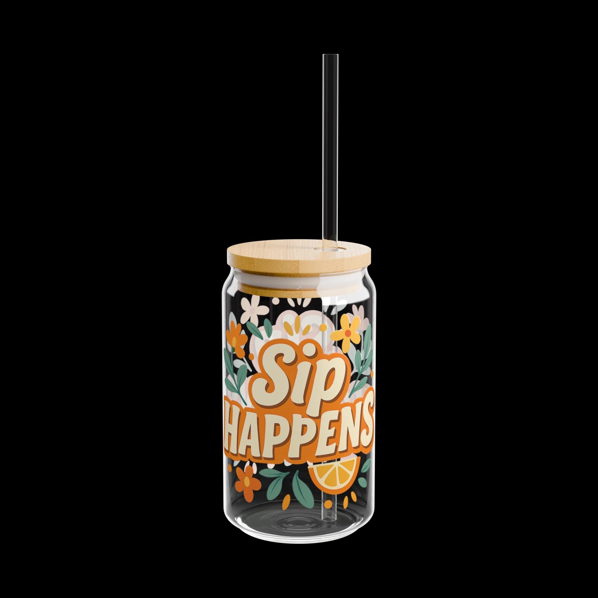 Sip Happens Glass Cup: Floral Iced Coffee Mug with Bamboo Lid & Straw