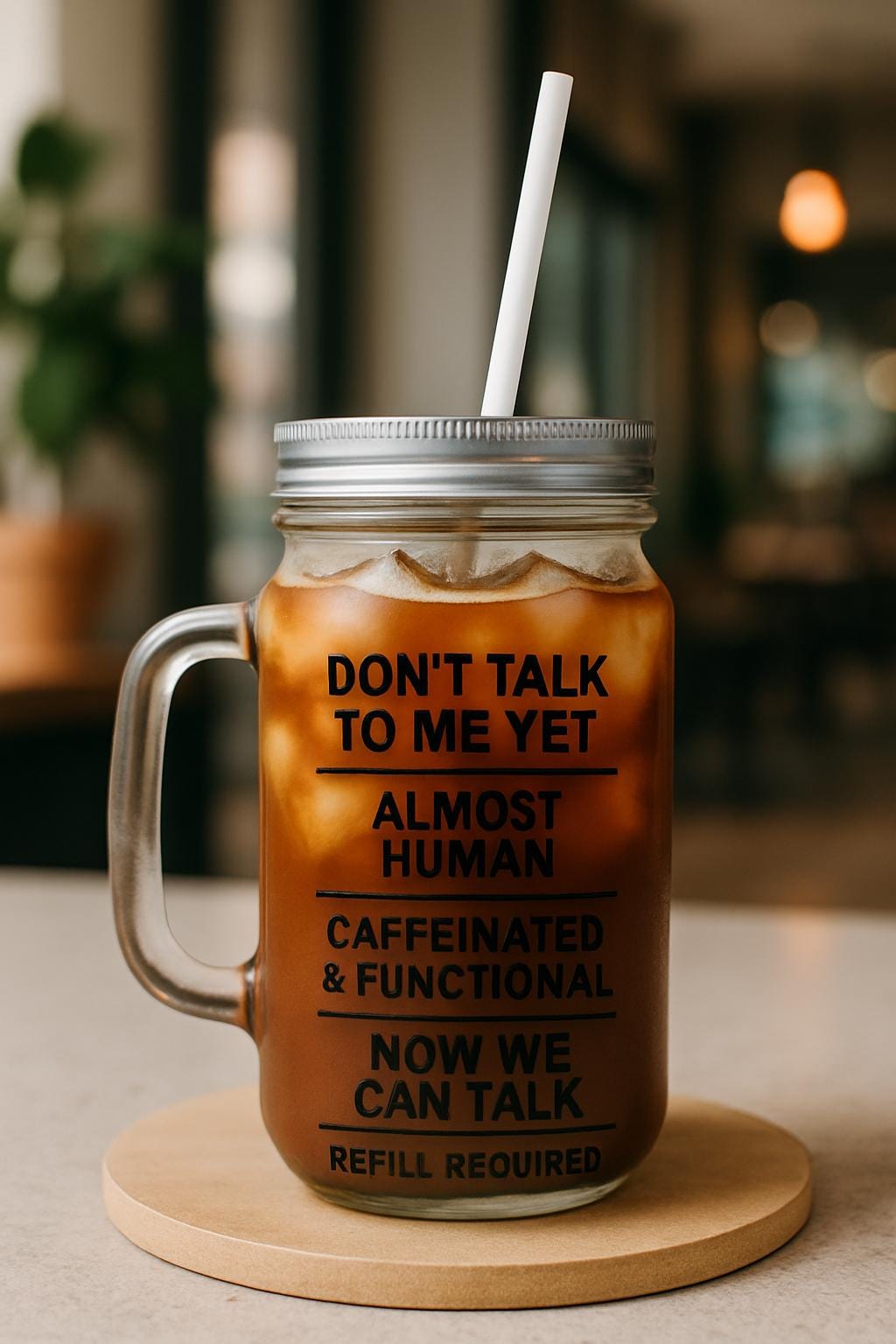 Funny Iced Coffee Mason Jar: 16oz Cold Brew Glass with Lid & Straw