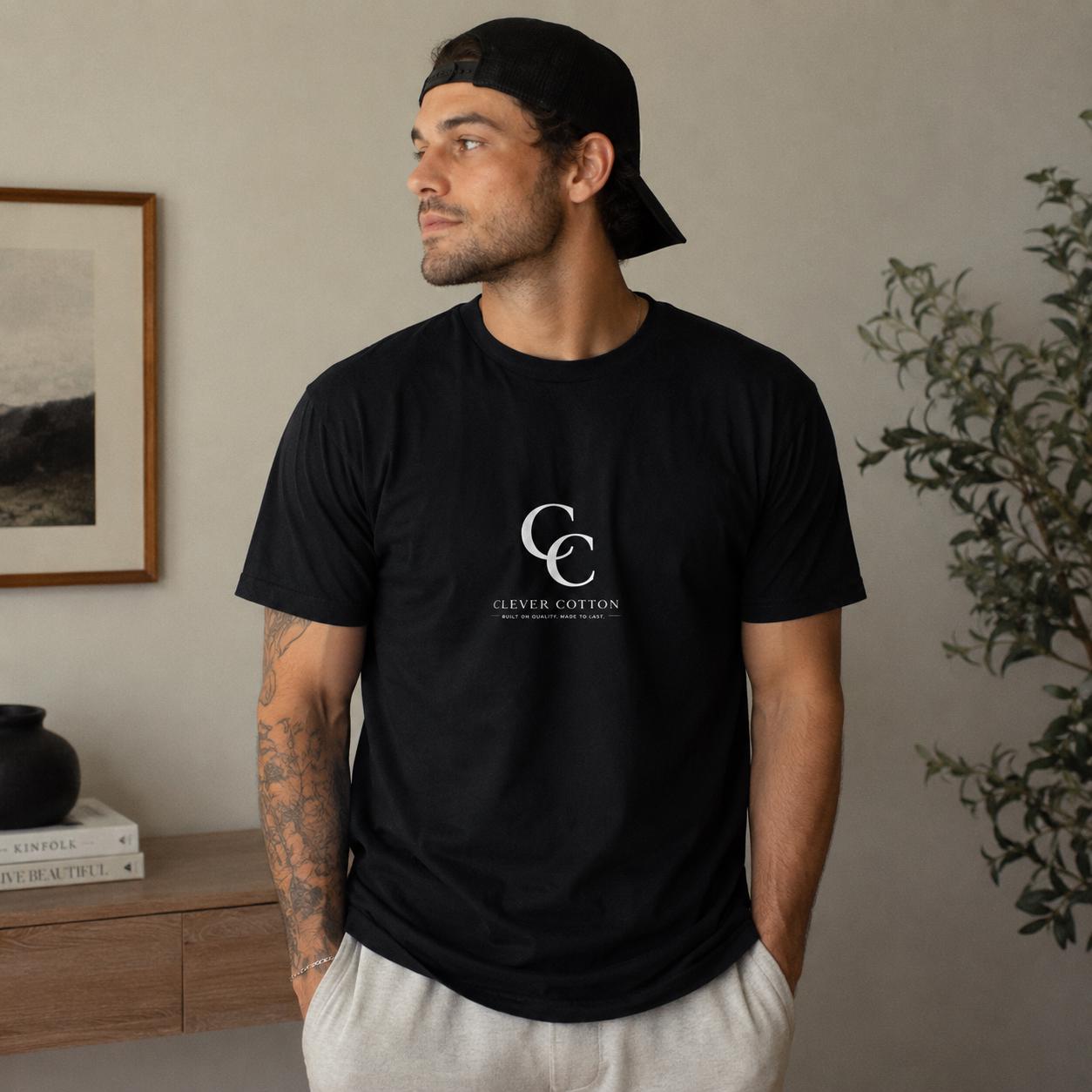 Minimal CC Monogram Tee | Small Center Logo, White Cotton T-Shirt