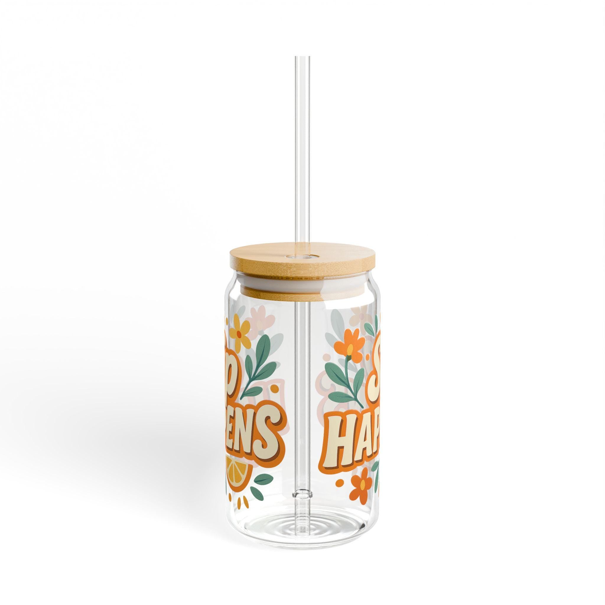 Sip Happens Glass Cup: Floral Iced Coffee Mug with Bamboo Lid & Straw