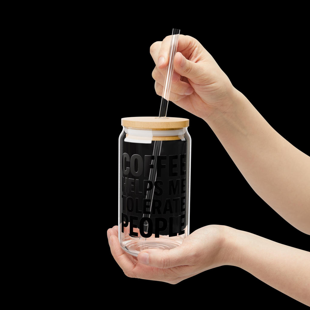 Funny Coffee Glass Cup | Coffee Helps Me Tolerate People | Bamboo Lid & Straw.