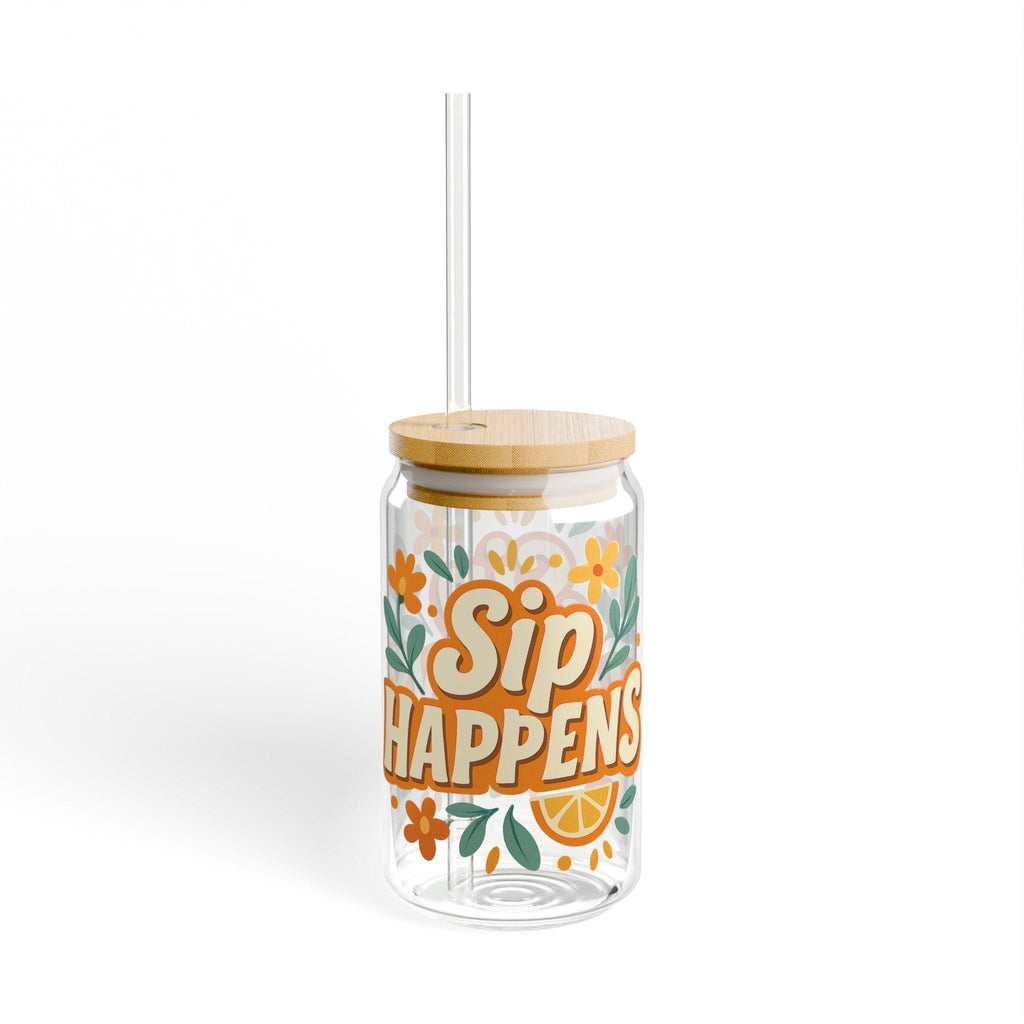 Sip Happens Glass Cup: Floral Iced Coffee Mug with Bamboo Lid & Straw