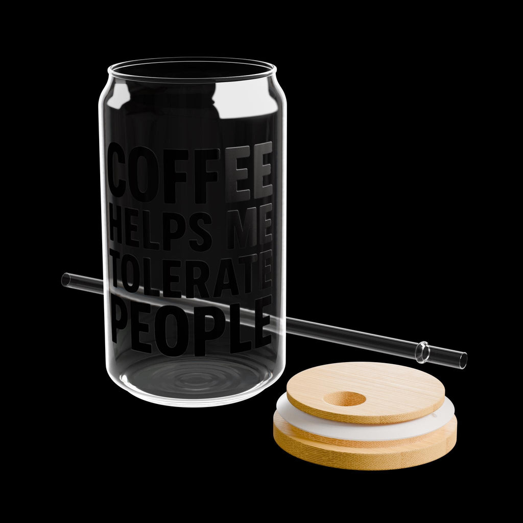 Funny Coffee Glass Cup | Coffee Helps Me Tolerate People | Bamboo Lid & Straw.